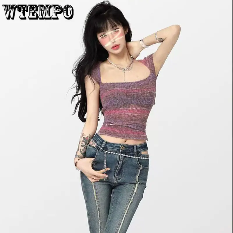 Purple Stripe Slim Backless Crop Top Women Square Neck Knitted Tight Short Sleeved Pullover Sexy Hotsweet Korean Fashion Summer
Purple Stripe Slim Backless Crop Top Women Square Neck Knitted Tight Short Sleeved Pullover Sexy Hotsweet Korean Fashion Summer