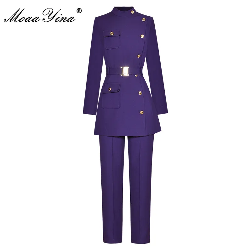

MoaaYina Fashion Runway Spring Pants Suit Women Stand Collar Purple Long sleeve Belted Coat + High waist Pants 2 Pieces Set