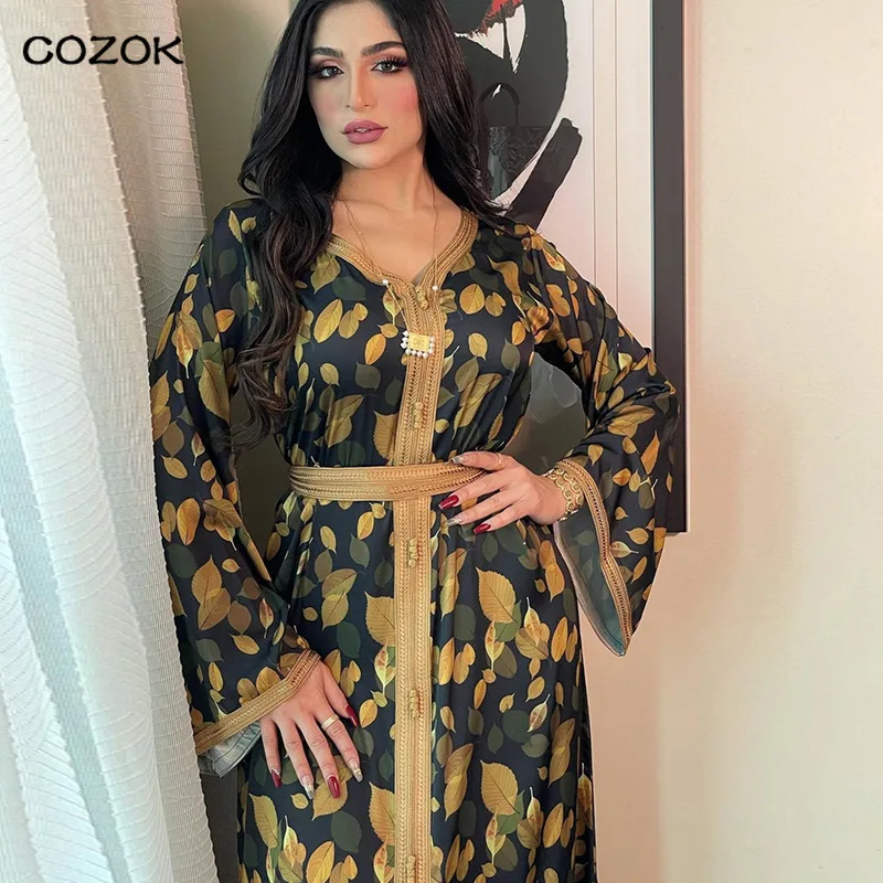 Leaf Print Moroccan Caftan Long Arabic Dress with Belt Sfifa Braids Women Jalabiya Dubai Saudi Robe Muslim Abaya Rarty Evening
Leaf Print Moroccan Caftan Long Arabic Dress with Belt Sfifa Braids Women Jalabiya Dubai Saudi Robe Muslim Abaya Rarty Evening