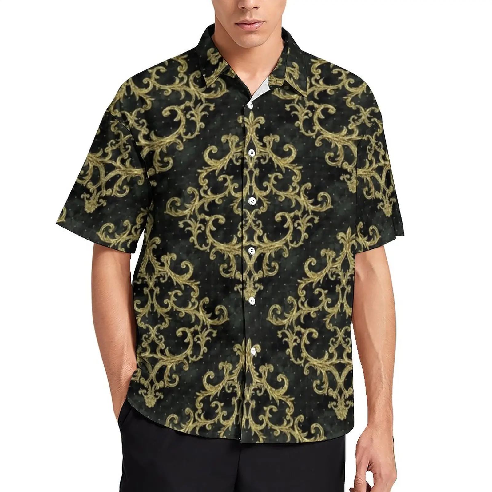 

Пляжная рубашка в стиле барокко с цветочным принтом, Гавайские повседневные рубашки с винтажным принтом, мужские модные блузки, дизайнерск...
