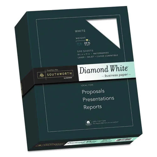 31-224-10 8.5 in. x 11 in., 24 lbs. 95 Bright, 25% Cotton Diamond Business Paper - White (500/Ream, 1/Box)
31-224-10 8.5 in. x 11 in., 24 lbs. 95 Bright, 25% Cotton Diamond Business Paper - White (500/Ream, 1/Box)