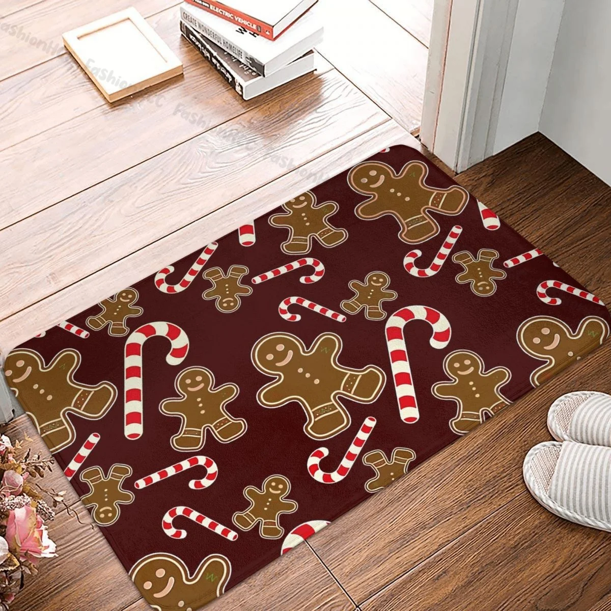 

Merry Christmas Bath Mat Christmas Candy Cane And Gingerbread Man Doormat Flannel Carpet Entrance Door Rug Home Decor