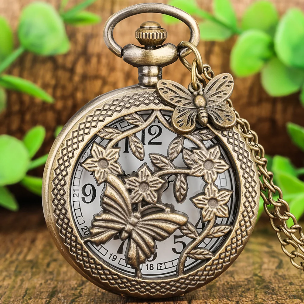 

Pocket Watch Necklace for Women Luxury Vintage Skeleton Butterfly Pendant Cover Bronze Fob Chain Clock Gift Reloj De Bolsillo