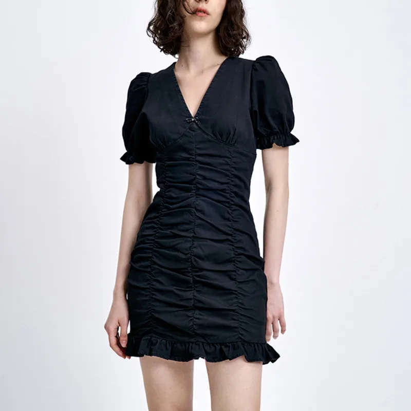 Summer Women Folded Mini Bodycon Dress Sexy V-neck Puff Sleeve Bow High Waist Slim A-line Short Black Dresses Y2k Clothes 2022
Summer Women Folded Mini Bodycon Dress Sexy V-neck Puff Sleeve Bow High Waist Slim A-line Short Black Dresses Y2k Clothes 2022