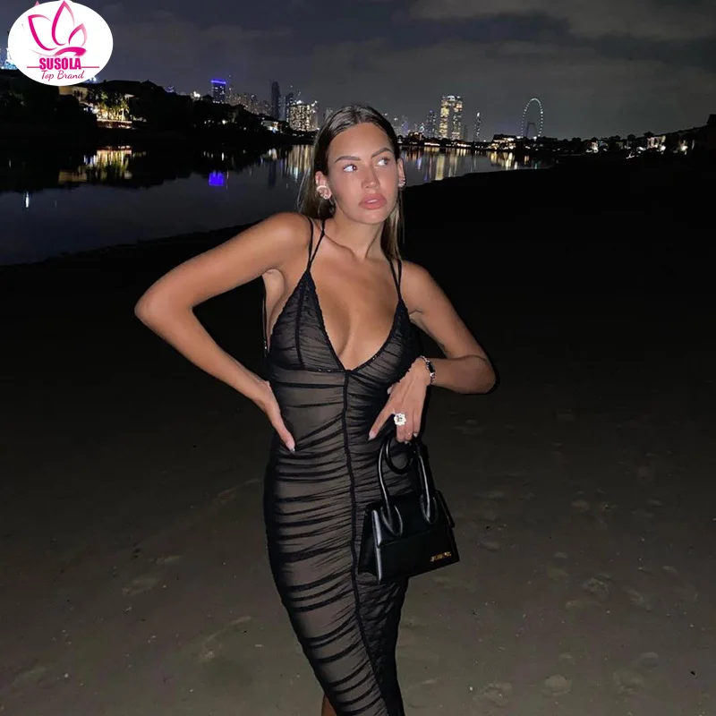SUSOLA 2022 Sexy Mesh Pleated Long Prom Dresses For Women's Clothing Solid Color Beach Party Wear Midi Wrap Dress Street Outfit
SUSOLA 2022 Sexy Mesh Pleated Long Prom Dresses For Women's Clothing Solid Color Beach Party Wear Midi Wrap Dress Street Outfit