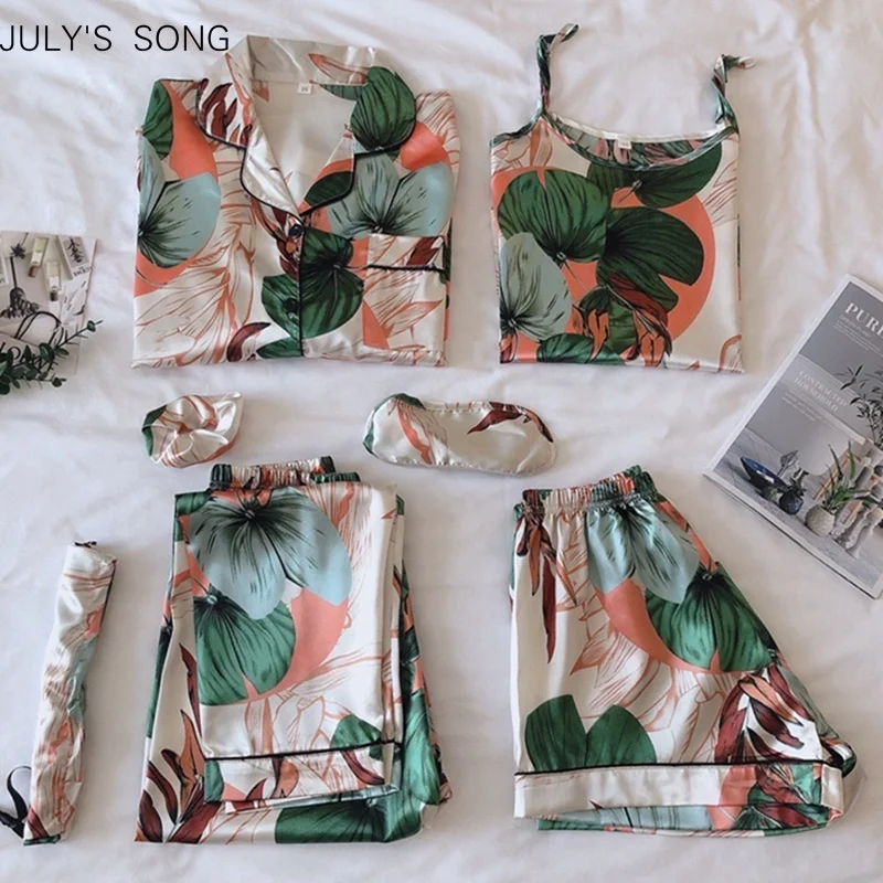 JULY'S SONG Women Pajamas Set 7 Pieces Satin Stripes Faux Silk Printing Pajamas For Woman Spring Summer Sleepwear Homewear
JULY'S SONG Women Pajamas Set 7 Pieces Satin Stripes Faux Silk Printing Pajamas For Woman Spring Summer Sleepwear Homewear