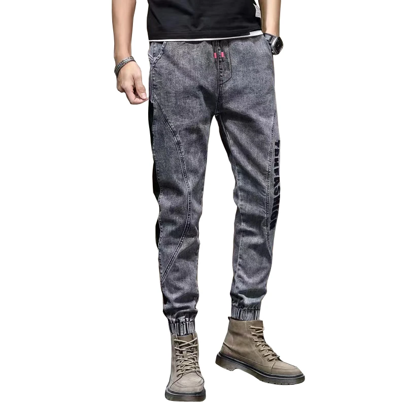 

ARENS Mens Jeans 2022 Spring Grey Denim Pants Joggers Stretch Baggy Washed Side Patchwork Elastic Wiast Men Jeans Homme B14