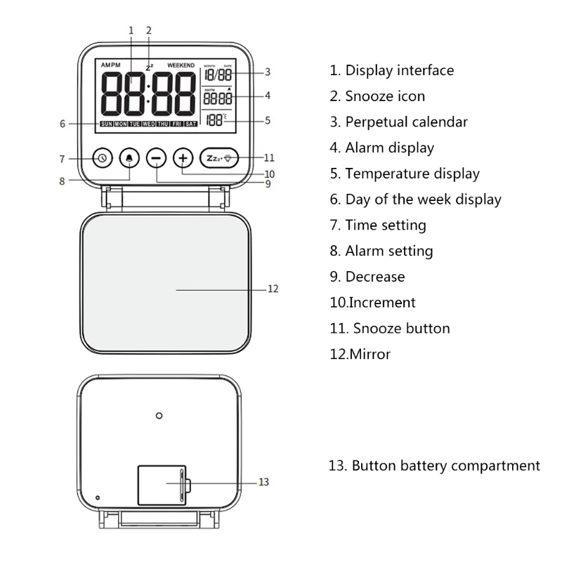 Small Folding Battery Operated Desk Clock with Makeup Mirror Backlight Calendar & Weekend Mode Applicable Home Office 
Small Folding Battery Operated Desk Clock with Makeup Mirror Backlight Calendar & Weekend Mode Applicable Home Office