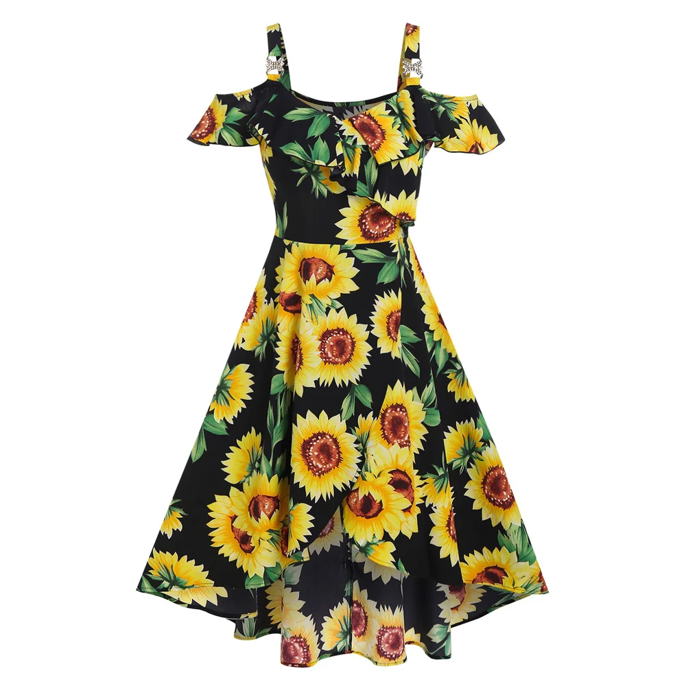 

Midi Irregular Allover Sunflower Print Cold Shoulder Cutout Ruffle Overlap Dress For Summer Dip Hem Flounce Dopamine Robe
