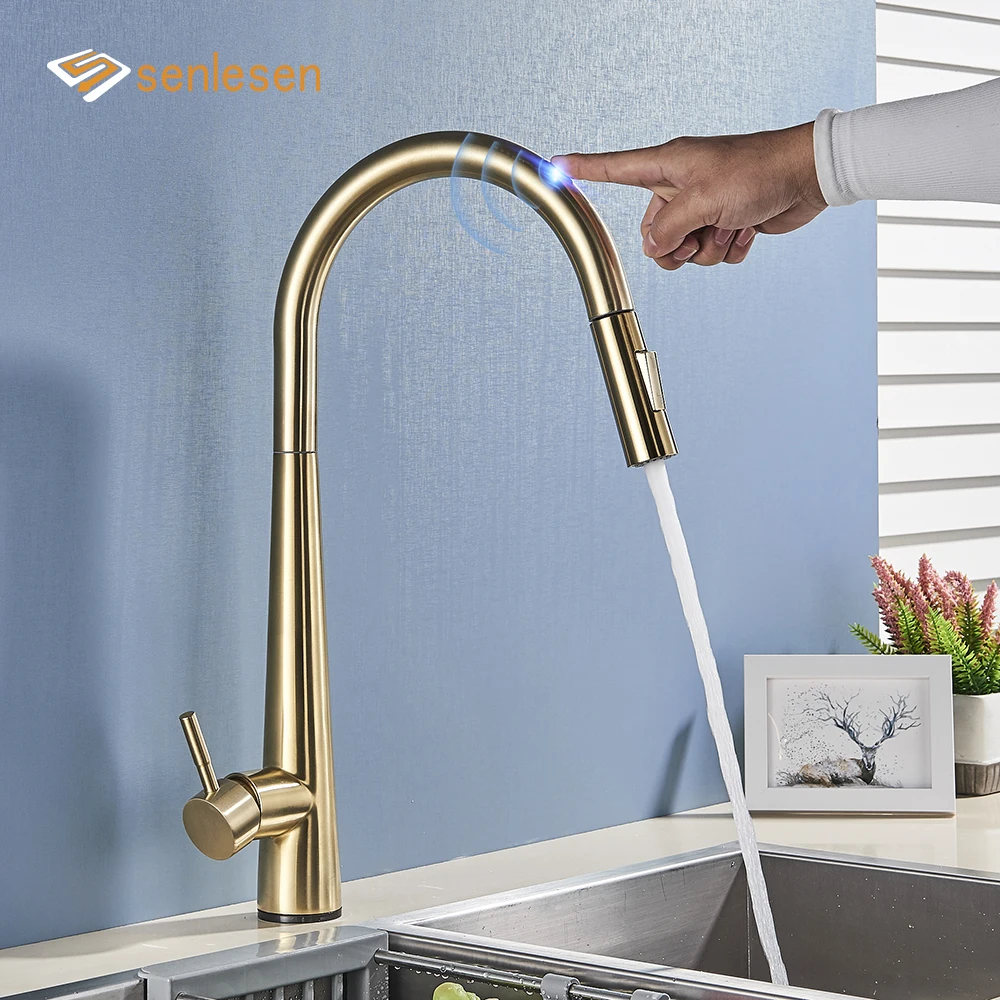 

Senlesen Brushed Gold Sensor Kitchen Faucet 360 Degree Rotate Stream & Sprayer Mode Pull Out Sprinkler Hot Cold Water Mixer Tap