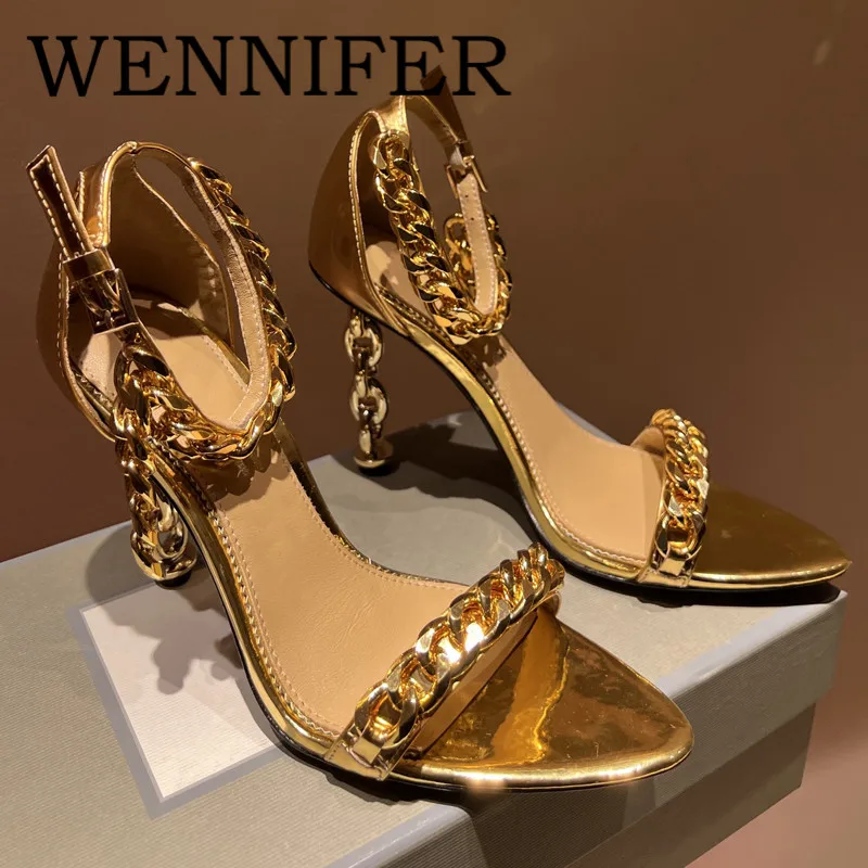 Patent Leather Chain Heel Ankle Strap Sandals Pointy Gold Embossed Strange Metal Heels Sandals Women's Club Party Dress Shoes
Patent Leather Chain Heel Ankle Strap Sandals Pointy Gold Embossed Strange Metal Heels Sandals Women's Club Party Dress Shoes