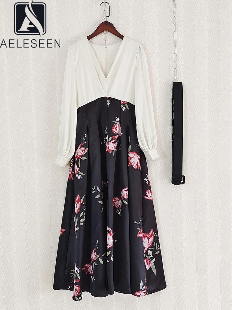 Женское длинное платье AELESEEN, офисное бальное платье с v-образным вырезом и поясом в стиле пэчворк, весна-осень, вечерние