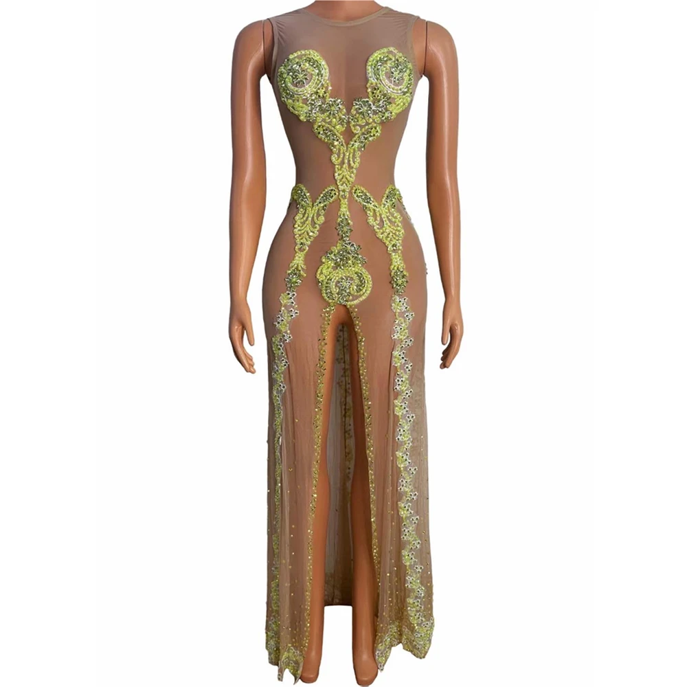 Nude Perspective Split Sexy Shining Sequins Embroidery Women Dress Sleeveless Evening Party Clothing Stage Singer Costume
Nude Perspective Split Sexy Shining Sequins Embroidery Women Dress Sleeveless Evening Party Clothing Stage Singer Costume