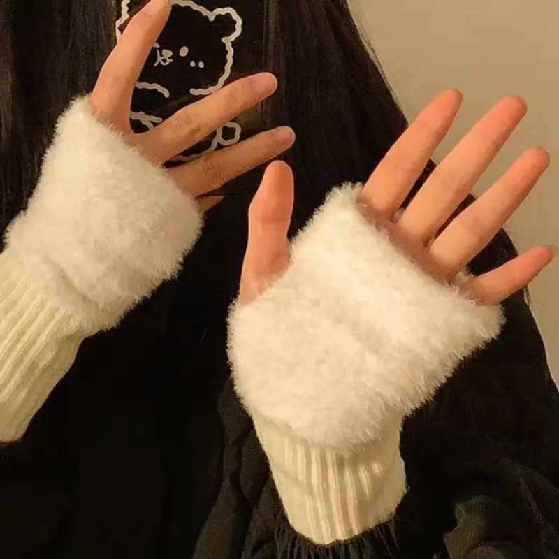 

Mink Fleece Soft Winter Half Finger Gloves Women Warm Luxury Solid White Plush Knitted Fingerless Gloves Fluffy Work Gloves