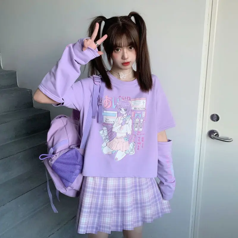 Fernan аниме футболка с длинным рукавом Лето Топы 2000s Kawaii коротким и принтом в виде