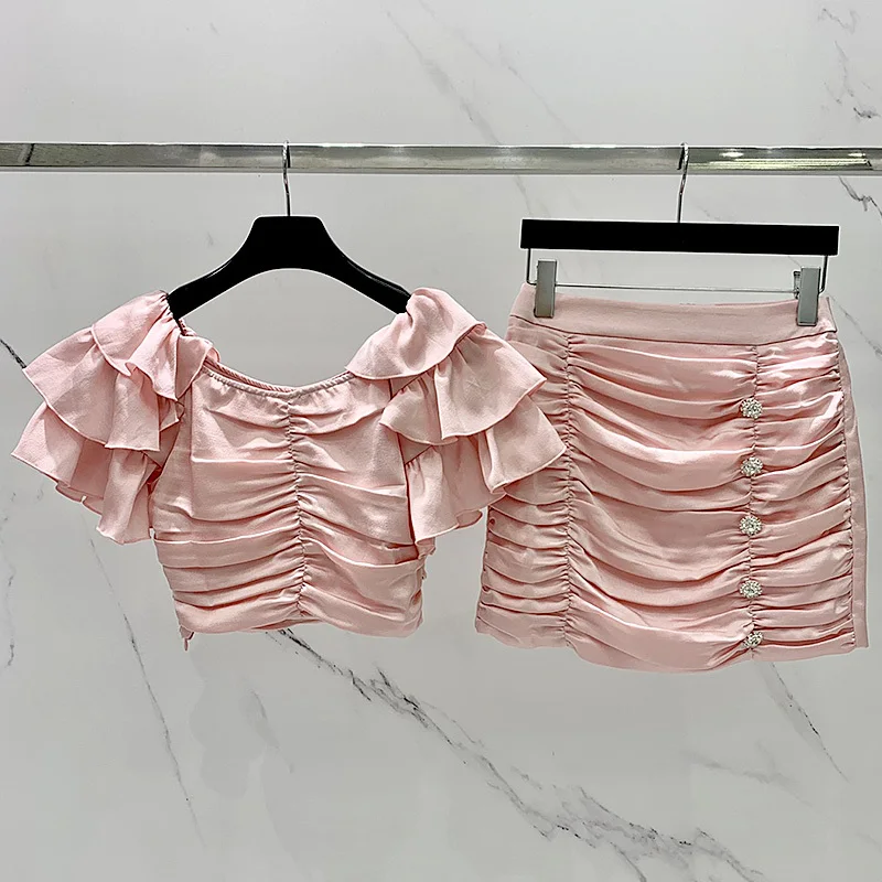 Summer Solid Skirt Set Women Elegant Ruffle Off The Shoulder Short Top Fashion Runway Sexy Slim Diamond Bead Pleated Hip Skirt
Summer Solid Skirt Set Women Elegant Ruffle Off The Shoulder Short Top Fashion Runway Sexy Slim Diamond Bead Pleated Hip Skirt