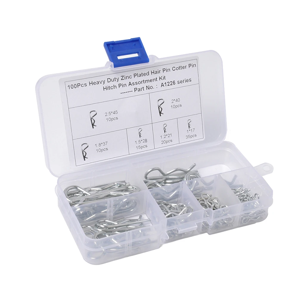 100 Pieces R Spring Cotter Pin Carbon Steel Hair Clip Hitch with Storage Box
100 Pieces R Spring Cotter Pin Carbon Steel Hair Clip Hitch with Storage Box