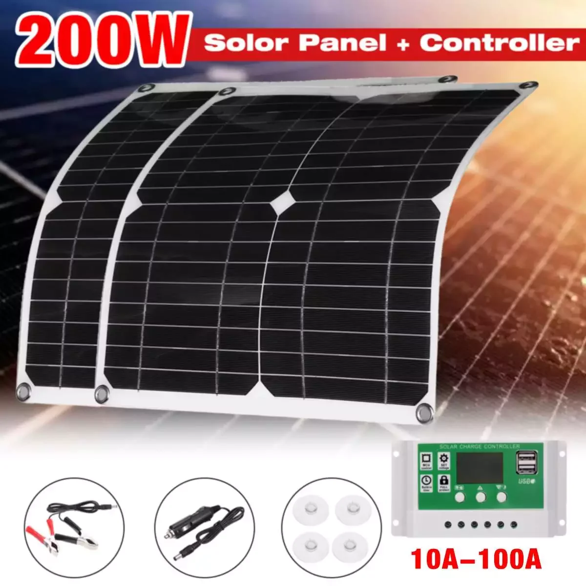 200W 100W Dual USB Sun Power Solar Cells Solar Panel Bank Pack IP65 Waterproof with Controller for Outdoor Camping Hiking Charge
200W 100W Dual USB Sun Power Solar Cells Solar Panel Bank Pack IP65 Waterproof with Controller for Outdoor Camping Hiking Charge