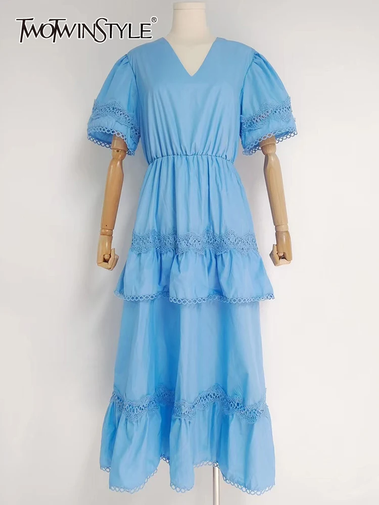 TWOTWINSTYLE Casual Long Dress For Women V Neck Short Sleeve High Waist Solid Lace Panel Ankle Length Dresses Female Clothes New
TWOTWINSTYLE Casual Long Dress For Women V Neck Short Sleeve High Waist Solid Lace Panel Ankle Length Dresses Female Clothes New