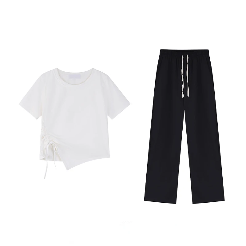 Tshirt and Pants Two Piece Set 2022 Summer Women Short Sleeve Solid Color Slim Drawstring Tops Black Wide Leg Pants Outfit 50620
Tshirt and Pants Two Piece Set 2022 Summer Women Short Sleeve Solid Color Slim Drawstring Tops Black Wide Leg Pants Outfit 50620