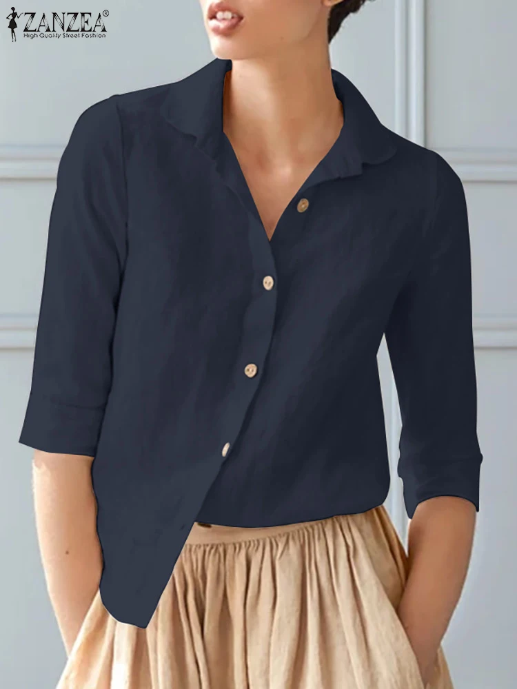 Элегантные женские рубашки ZANZEA, осенняя однотонная блузка с воротником-стойкой и пуговицами, повседневные офисные блузки с рукавом 3/4, Женская хлопковая туника 
Элегантные женские рубашки ZANZEA, осенняя однотонная блузка с воротником-стойкой и пуговицами, повседневные офисные блузки с рукавом 3/4, Женская хлопковая туника