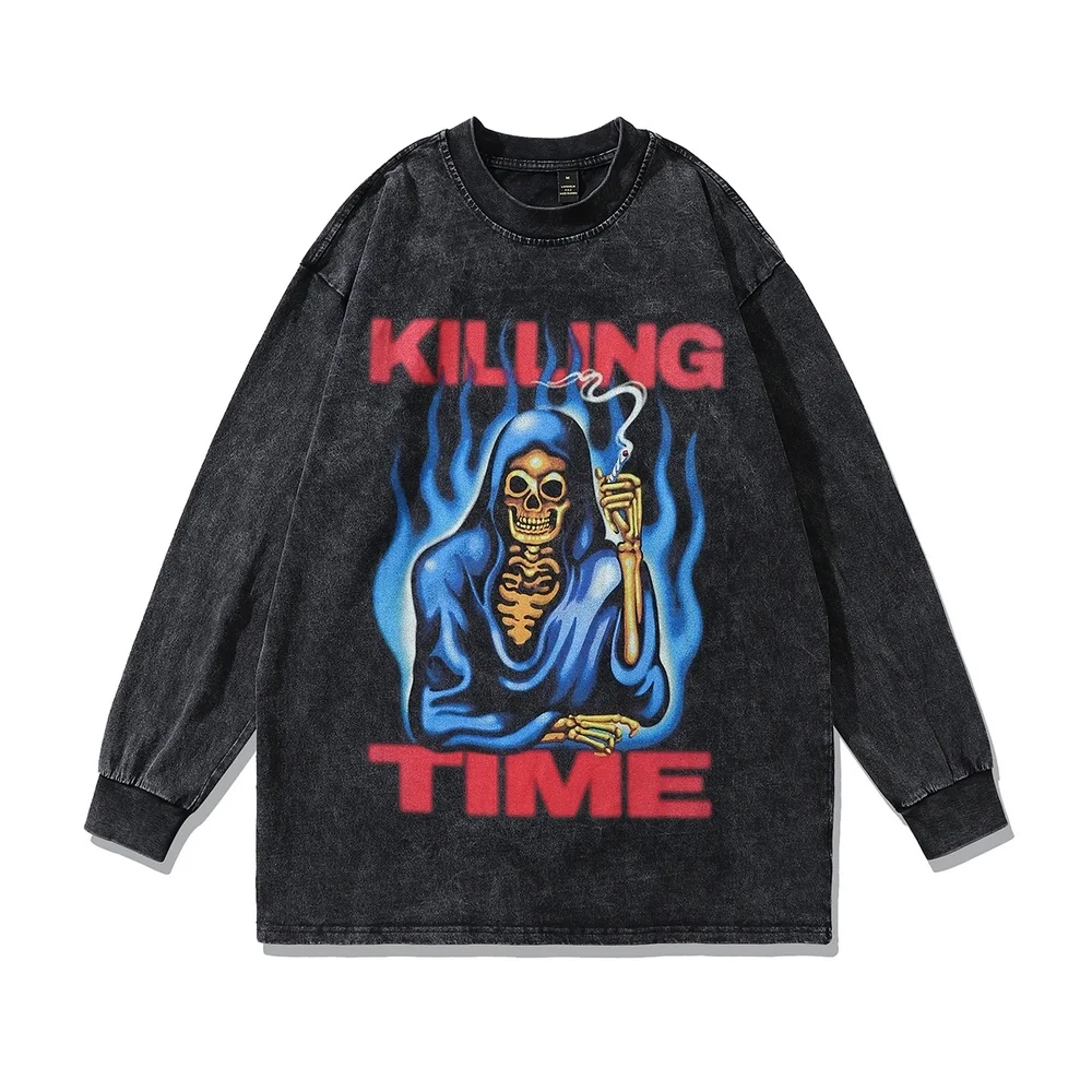 Skulls Smoking Print Oversized Vintage T-shirt Y2k Grunge Goth Men Long Sleeve Tshirt Distressed Wash Black Cotton Streetwear
Skulls Smoking Print Oversized Vintage T-shirt Y2k Grunge Goth Men Long Sleeve Tshirt Distressed Wash Black Cotton Streetwear