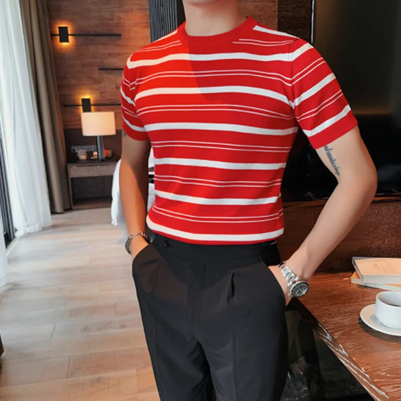 Spring summer British style slim fashion men bottom shirt European and American simple round collar stripe short sleeve T-shirt
Spring summer British style slim fashion men bottom shirt European and American simple round collar stripe short sleeve T-shirt