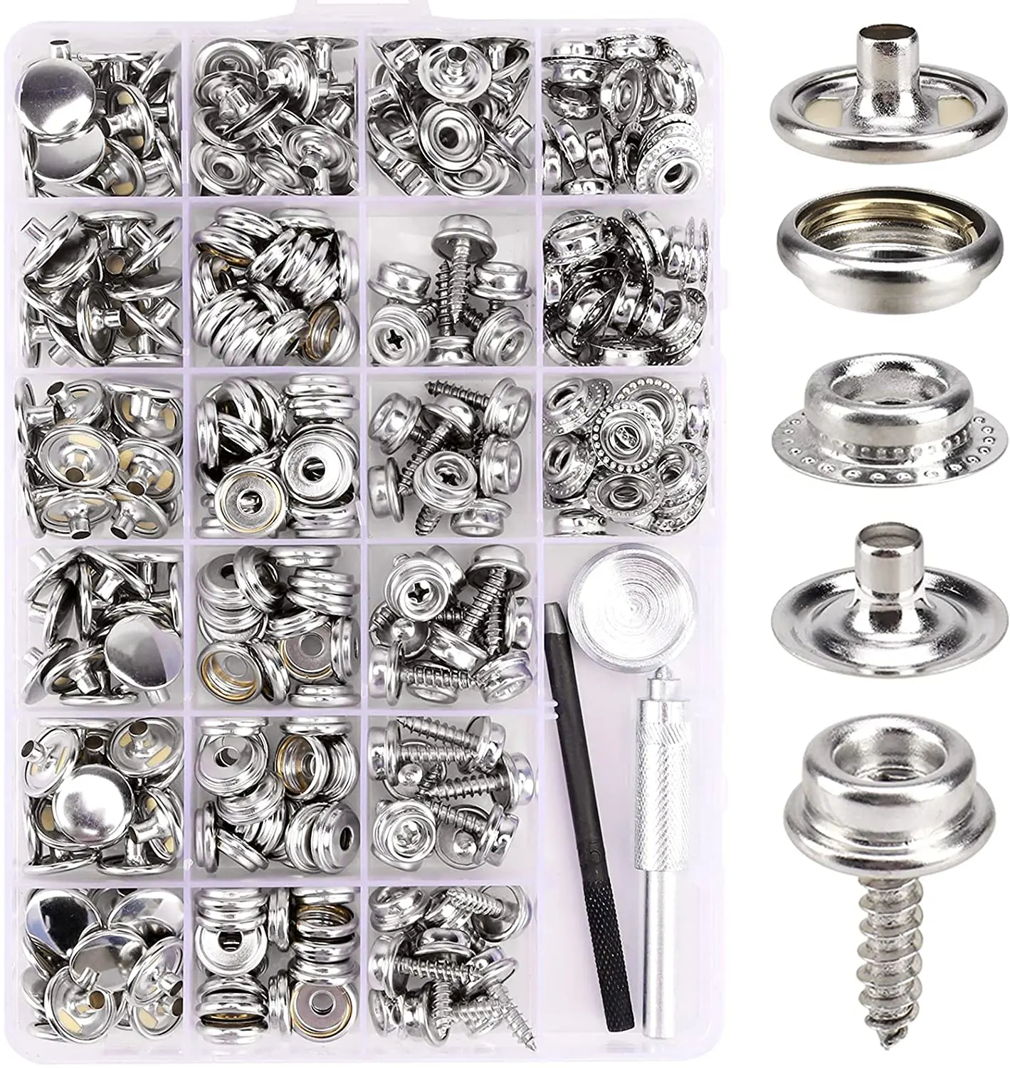 323 Piece Canvas Snap Kit Marine Grade Stainless Steel for DIY Cover Canvas Snap Kit with Material Hole Punch and Setting Tools
323 Piece Canvas Snap Kit Marine Grade Stainless Steel for DIY Cover Canvas Snap Kit with Material Hole Punch and Setting Tools