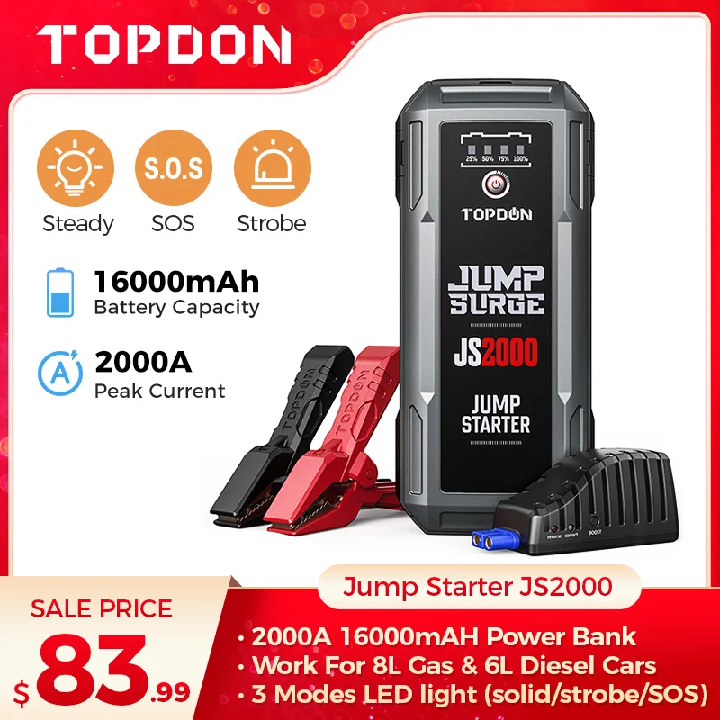 Topdon JS2000 2000A Jump Starter Power Bank 12V Car Starting Device 16000Mah Battery Jump Start for Car Booster
Topdon JS2000 2000A Jump Starter Power Bank 12V Car Starting Device 16000Mah Battery Jump Start for Car Booster