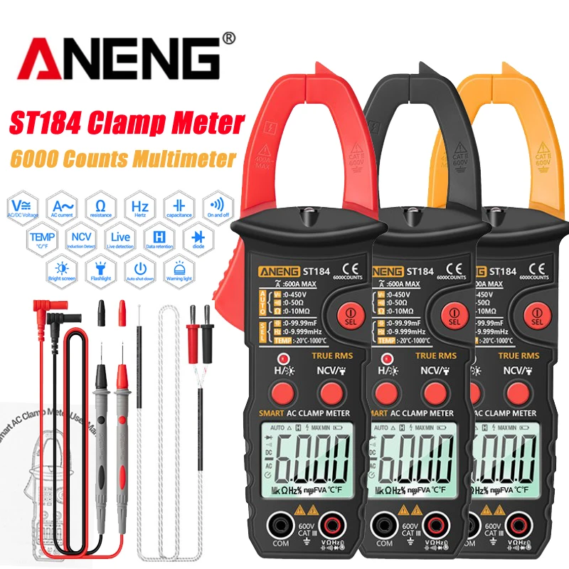 Цифровой мультиметр-зажим ANENG ST184, 6000 отсчетов, True RMS, AC/DC, тестер тока, Гц, емкость, Ом 
Цифровой мультиметр-зажим ANENG ST184, 6000 отсчетов, True RMS, AC/DC, тестер тока, Гц, емкость, Ом