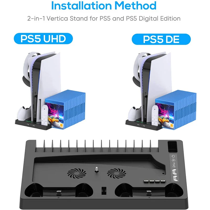 Dual Controller Charger For PS5 Stand With Cooling Fan Base Disc Storage Rack Console Charging Station Fan Cooler Support
Dual Controller Charger For PS5 Stand With Cooling Fan Base Disc Storage Rack Console Charging Station Fan Cooler Support