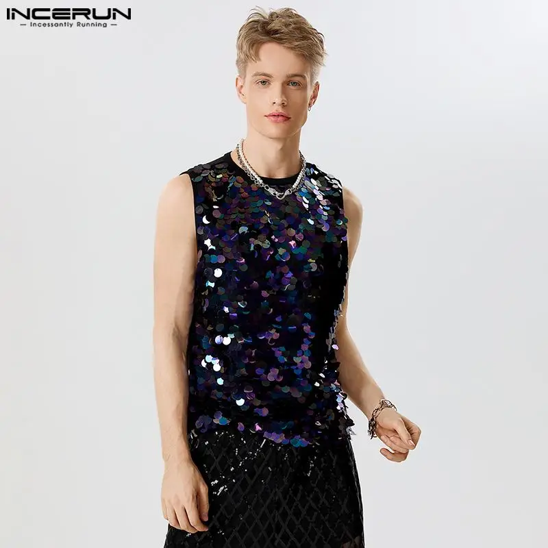 

American Style Mens Sequin Fabric Design Vests Casual Party Hot Sale Handsome Men's Sleeveless Waistcoat S-5XL INCERUN Tops 2023