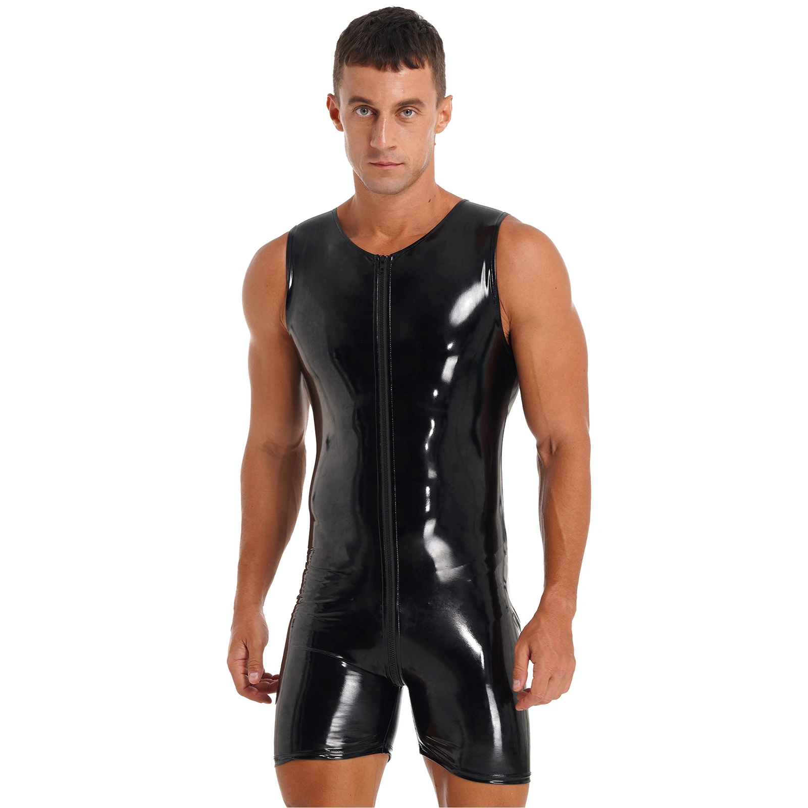 Mens Wetlook Short Jumpsuit Patent Leather Bodysuit Glossy Sleeveless Bodycon Playsuit Catsuit Club Stage Performance Costume
Mens Wetlook Short Jumpsuit Patent Leather Bodysuit Glossy Sleeveless Bodycon Playsuit Catsuit Club Stage Performance Costume