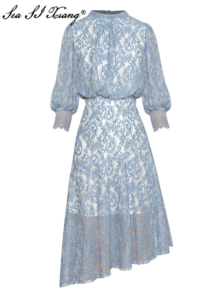 Seasixiang Fashion Designer Summer Asymmetrical Dress Women Lace Up Stand Collar Lantern Sleeve Mesh Embroidery Vintage Dresses
Seasixiang Fashion Designer Summer Asymmetrical Dress Women Lace Up Stand Collar Lantern Sleeve Mesh Embroidery Vintage Dresses