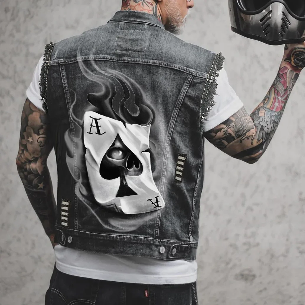 Men's Spring And Summer Four Seasons New Street Punk Style Spades A Playing Card Printing Sleeveless Vest Denim Jacket 
Men's Spring And Summer Four Seasons New Street Punk Style Spades A Playing Card Printing Sleeveless Vest Denim Jacket