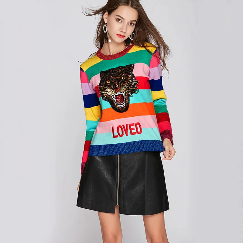 Runway Design Tiger Sequins Women Sweater 2022 Winter Long Sleeve Female Rainbow Striped Christmas Pullover Embroidered Clothing
Runway Design Tiger Sequins Women Sweater 2022 Winter Long Sleeve Female Rainbow Striped Christmas Pullover Embroidered Clothing