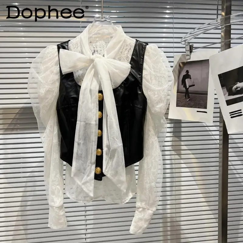 2022 Spring New Clothes Mesh Bow Bandage Long Sleeve White Blouse Women + Pu Leather Vest Coat Lace Shirt Two Piece Suit Female
2022 Spring New Clothes Mesh Bow Bandage Long Sleeve White Blouse Women + Pu Leather Vest Coat Lace Shirt Two Piece Suit Female