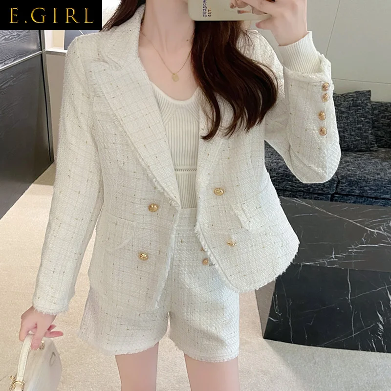 Женский твидовый комплект из двух предметов, элегантный двубортный пиджак и шорты, Осень-зима 
Женский твидовый комплект из двух предметов, элегантный двубортный пиджак и шорты, Осень-зима