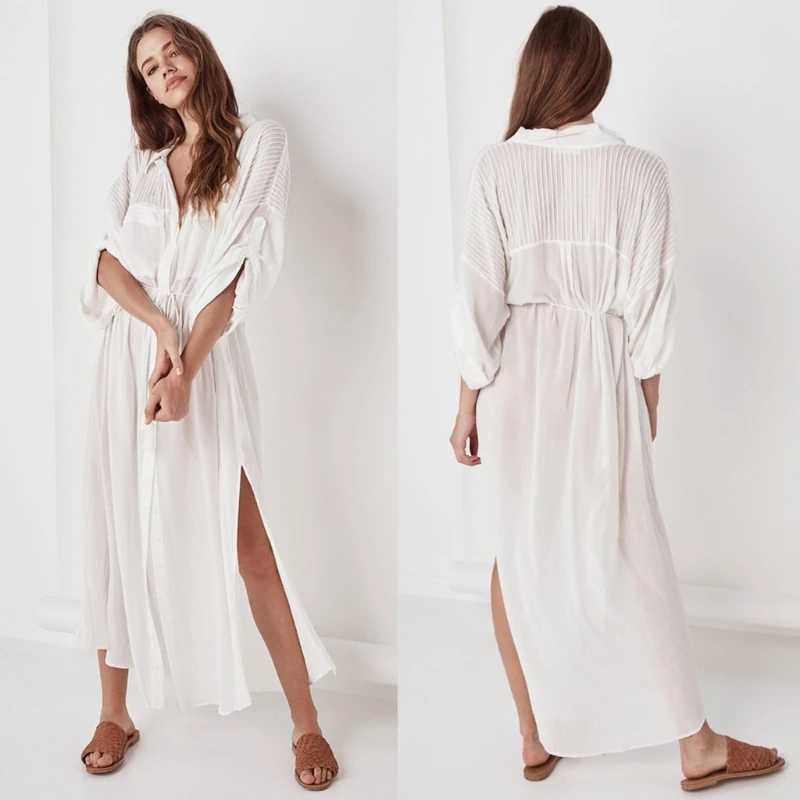 

Womens Swimwear Cover Up for Beach,Cotton Button Down Kimonos Cardigans Swimsuit Coverups Sexy Long Side Slit Beachwear