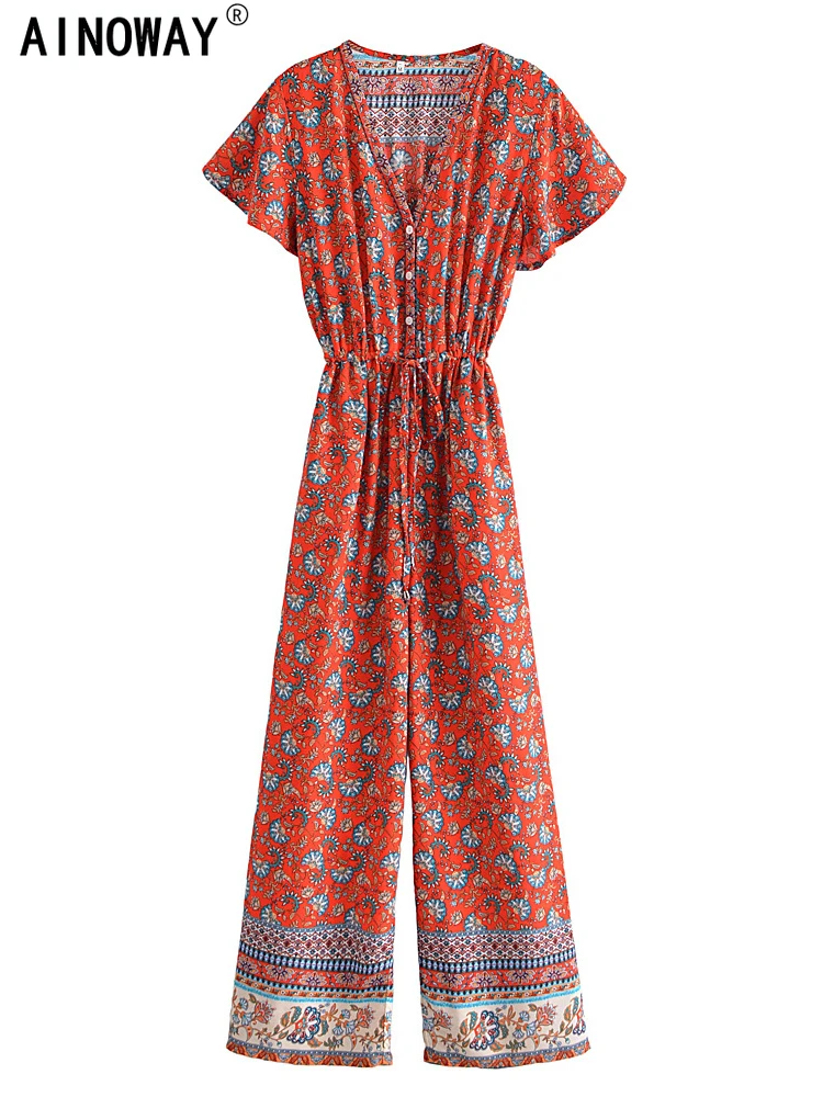 Женский винтажный комбинезон в стиле бохо красный с цветочным принтом