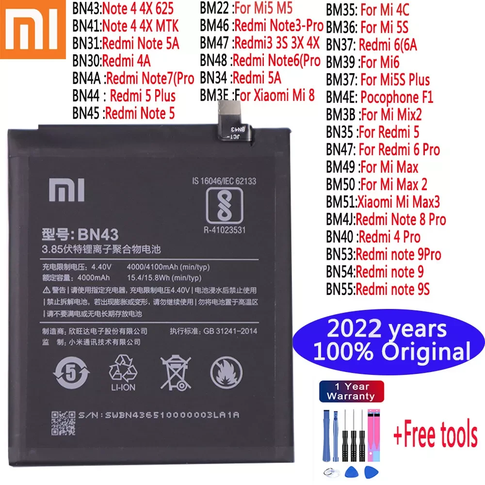 Original Battery For xiaomi Note 4 5 6 Pro 4X MTK Redmi 4A 5A 6A 3 3S 4 4C 8 Pro 9S Note 5A 9 Pro 5 Mi Mi5 6 8 Max 2 3 Mix 2 5S
Original Battery For xiaomi Note 4 5 6 Pro 4X MTK Redmi 4A 5A 6A 3 3S 4 4C 8 Pro 9S Note 5A 9 Pro 5 Mi Mi5 6 8 Max 2 3 Mix 2 5S