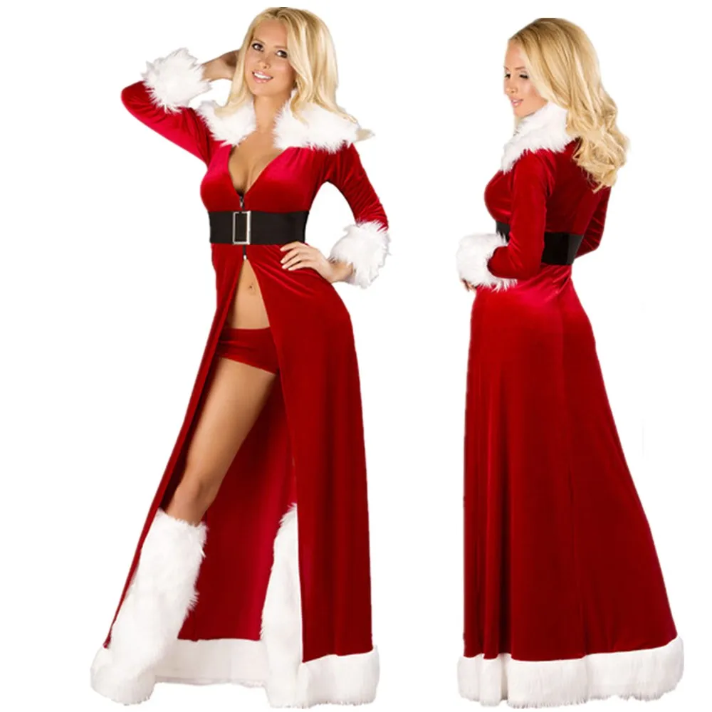 

Deluxe Classic Mrs. Claus Christmas Cosplay Costume Women Xmas Santa Claus Red Dress Velvet Cloak Carnival Party Dresses