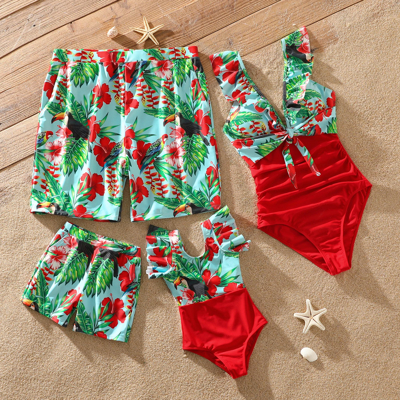 

PatPat Family Matching All Over Tropical Plants Parrot Print Swim Trunks Shorts and Ruffle Splicing One-Piece Swimsuit