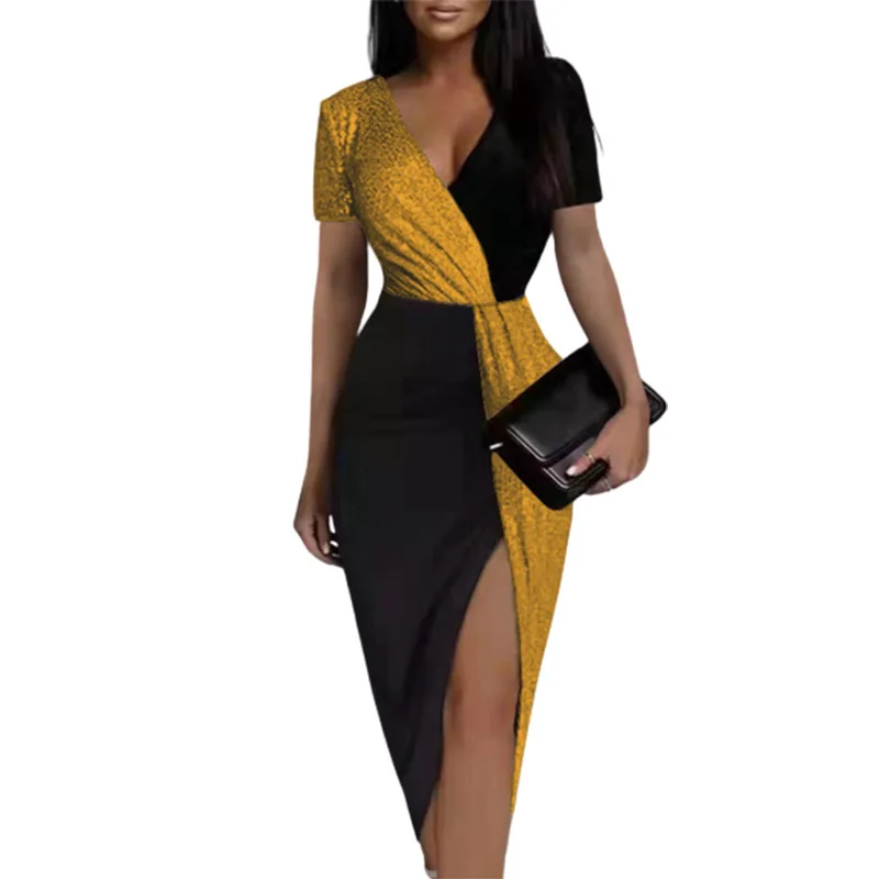Summer Fashion Sexy V-neck Sequins Spliced High Waist Slit Bodycon Midi Dress Women Short Sleeve Elegant Evening Party Dresses
Summer Fashion Sexy V-neck Sequins Spliced High Waist Slit Bodycon Midi Dress Women Short Sleeve Elegant Evening Party Dresses
