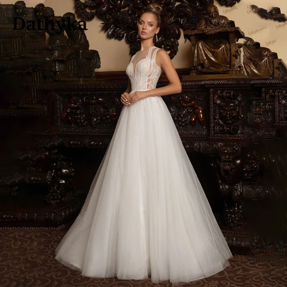 

Dathyka O-Neck Court Train Wedding Gown For Bride A-Line Charming Off The Shoulder Backless Appliques Tulle Vestido De Casamento