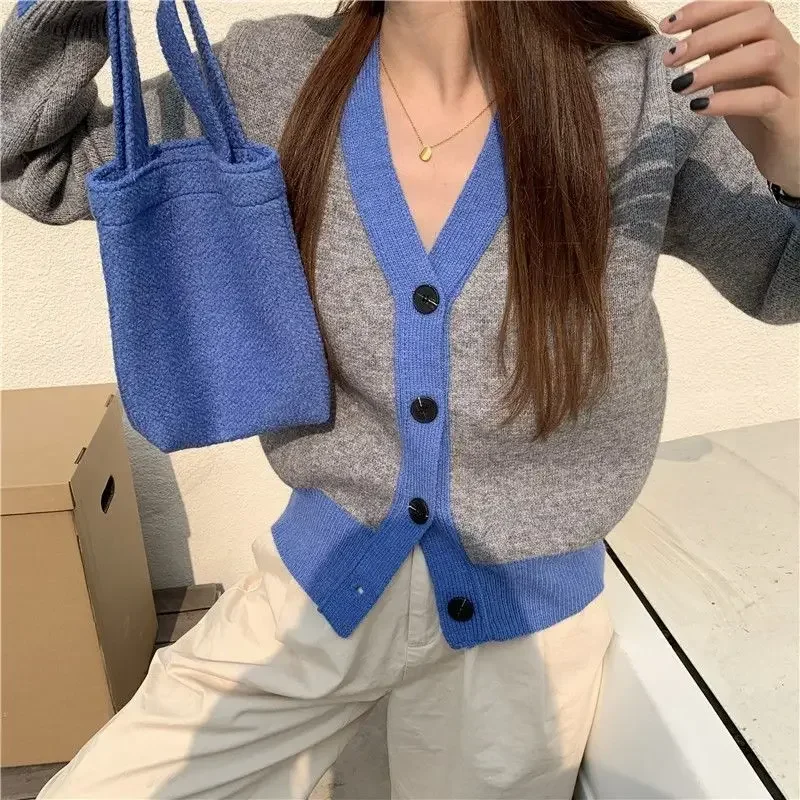 

Ladies Sweaters Grey V-neck Knitted Top for Women Cardigan New in Modern Warm Knitwear Y2k Vintage Tall Tops Fashion Korea 90s