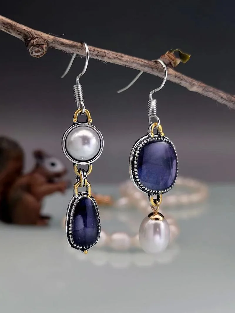 

Retro Ethnic Style Blue Purple Stone Asymmetry Earrings for Women Exaggerated Art Two Tone Imitation Pearls Drop Dangle Earrings