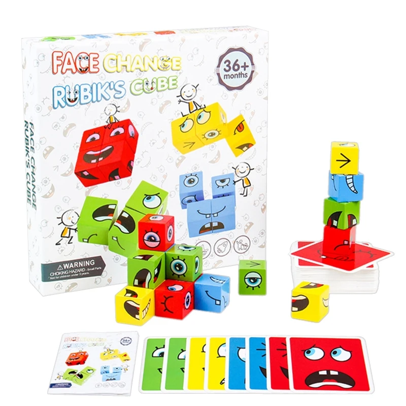 

Деревянные пазлы-выражения, строительный блок, магический куб-лицо Монтессори, развивающие игрушки, логическое мышление, подарок для детей