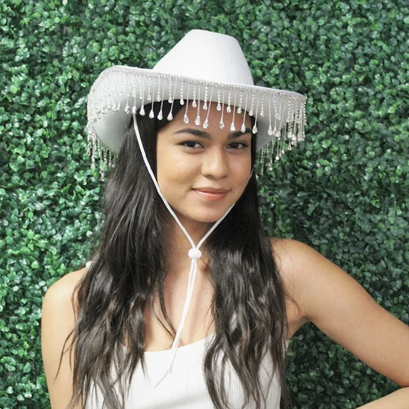 All-match Rhinestone Fringe Cowboy White Hat with Adjustable Drawstring Wide Brim Cowgirl Hat for Beach Party Tea Party
All-match Rhinestone Fringe Cowboy White Hat with Adjustable Drawstring Wide Brim Cowgirl Hat for Beach Party Tea Party
