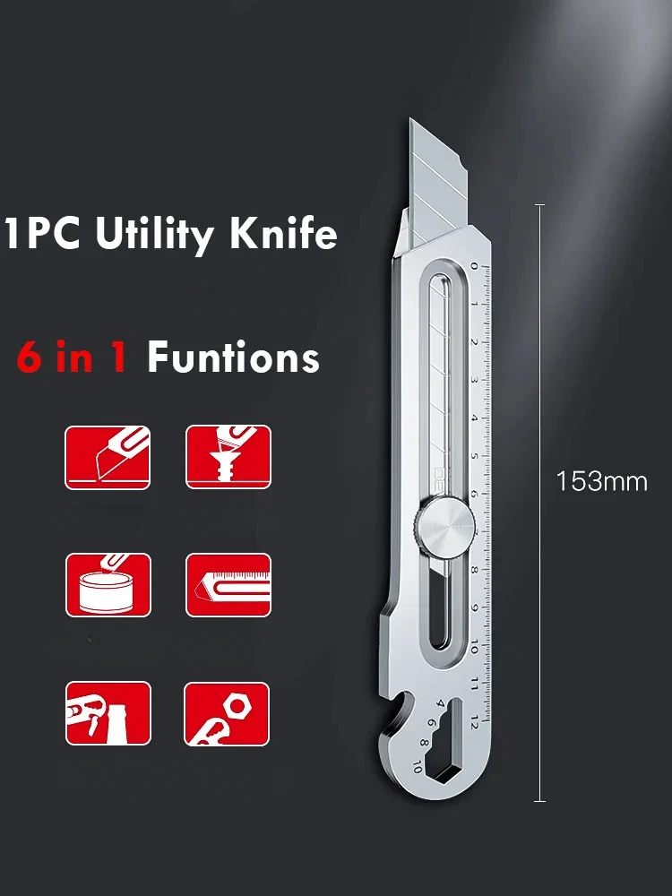 Stainless Steel Retractable Knife 6 In 1 Wallpaper Art Knife Paper cutter with Ruler Bottle opener box for Carton Cardboard
Stainless Steel Retractable Knife 6 In 1 Wallpaper Art Knife Paper cutter with Ruler Bottle opener box for Carton Cardboard
